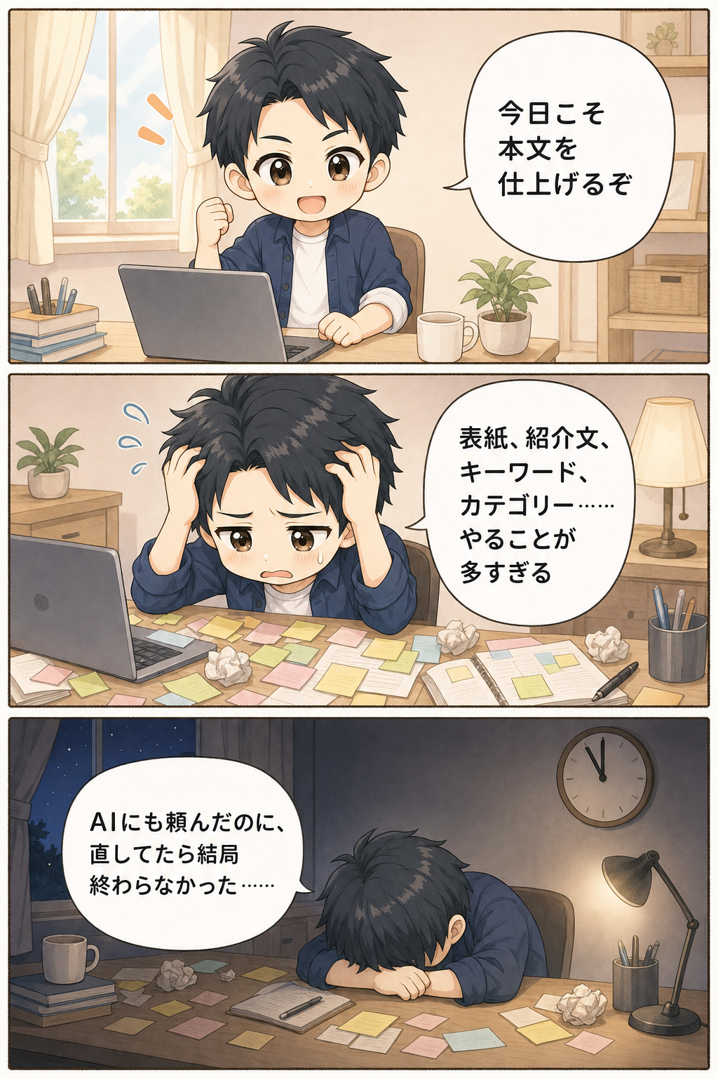 ゆうき「今日こそ本文を仕上げるぞ」「表紙、紹介文、キーワード、カテゴリー……やることが多すぎる」「AIにも頼んだのに、直してたら結局終わらなかった……」
