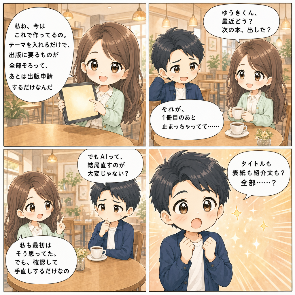 ゆみ「ゆうきくん、最近どう？ 次の本、出した？」ゆうき「それが、1冊目のあと止まっちゃってて……」ゆみ「私ね、今はこれで作ってるの。テーマを入れるだけで、出版に要るものが全部そろって、あとは出版申請するだけなんだ」ゆうき「タイトルも表紙も紹介文も？ 全部……？」「でもAIって、結局直すのが大変じゃない？」ゆみ「私も最初はそう思ってた。でも、確認して手直しするだけなの」