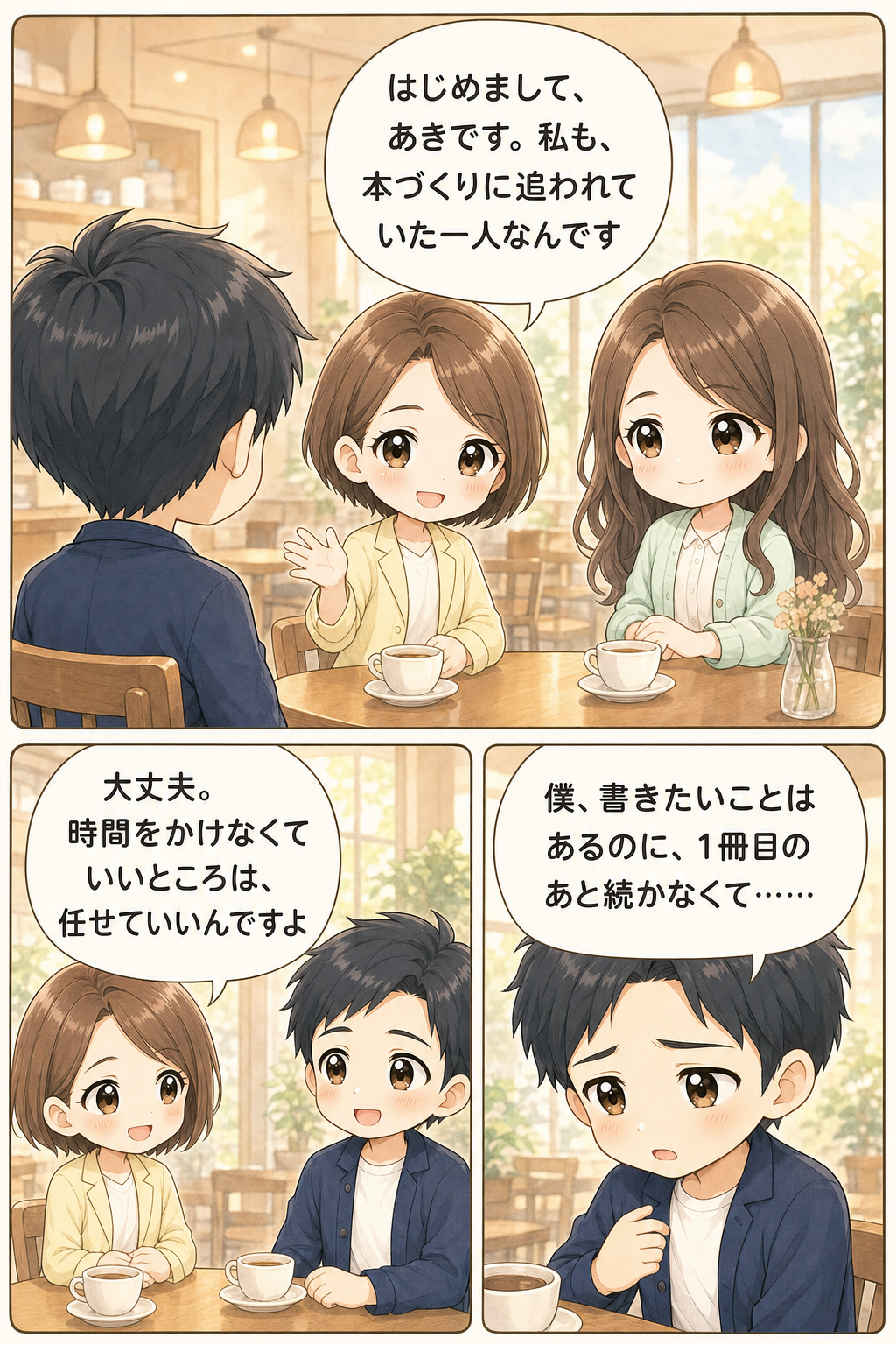 あき「はじめまして、あきです。私も、本づくりに追われていた一人なんです」ゆうき「僕、書きたいことはあるのに、1冊目のあと続かなくて……」あき「大丈夫。時間をかけなくていいところは、任せていいんですよ」